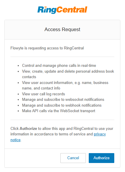 RingCentral authorization page